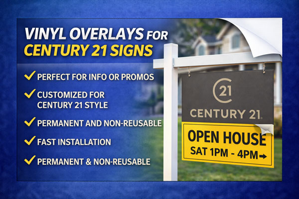 vinyl sign overlays used to update dates, times, and contact details