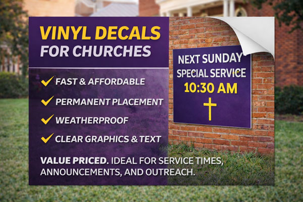 vinyl sign overlays used to update dates, times, and contact details