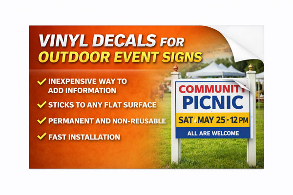 vinyl sign overlays used to update dates, times, and contact details
